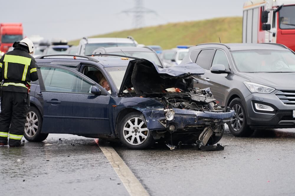 Car accident in the highway with police investigating.