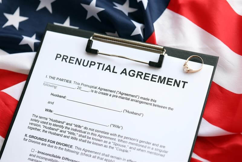 Prenuptial agreement and wedding ring on table.